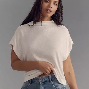 Anthropologie White Funnel Neck Cropped Tee Size Large Mock Neck Minimalist Top